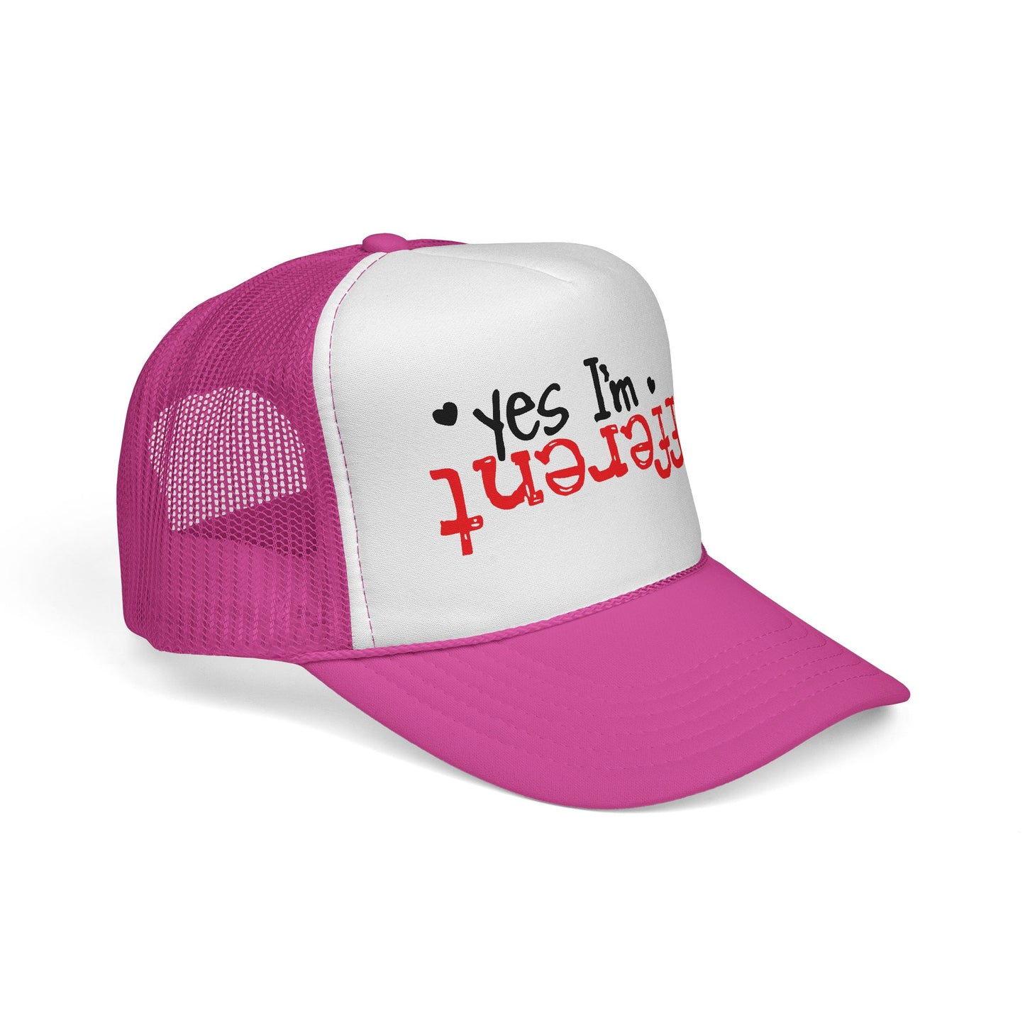 Trucker Hat — “Yes I’m Different” Upturned Text Mesh Cap
