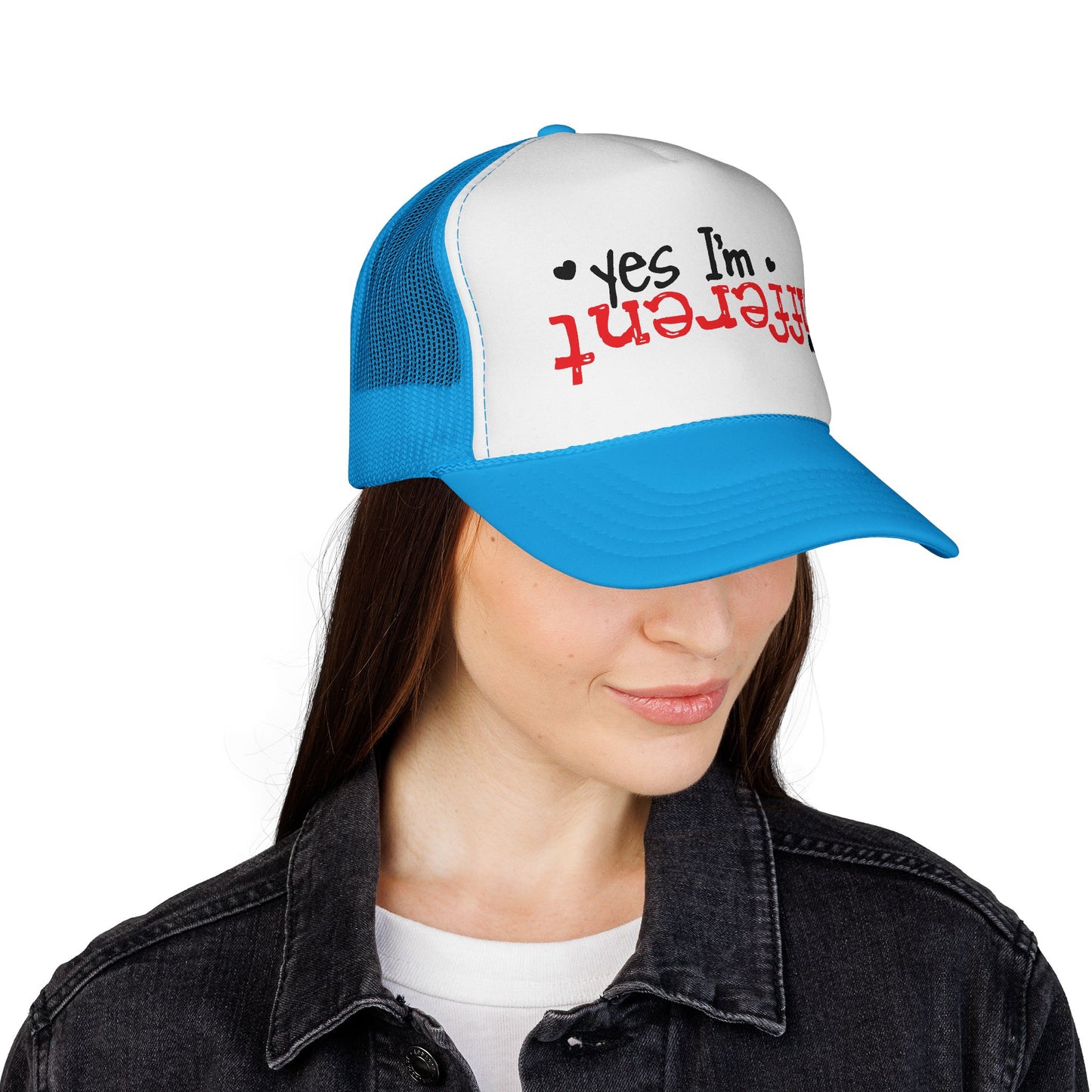 Trucker Hat — “Yes I’m Different” Upturned Text Mesh Cap