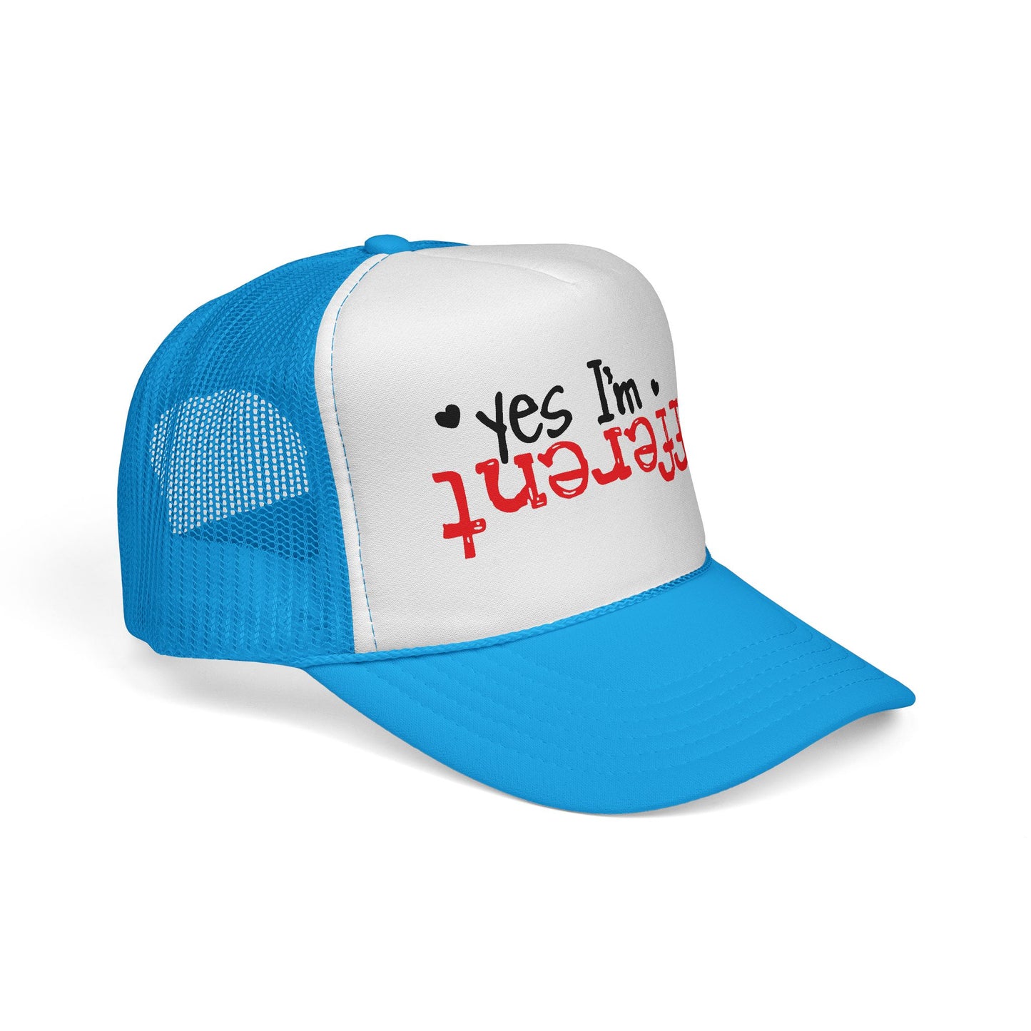 Trucker Hat — “Yes I’m Different” Upturned Text Mesh Cap