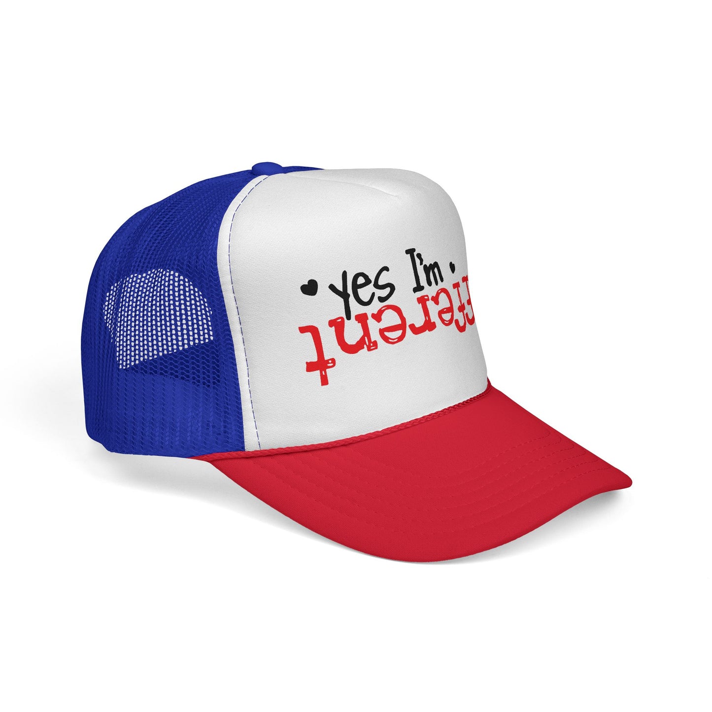 Trucker Hat — “Yes I’m Different” Upturned Text Mesh Cap