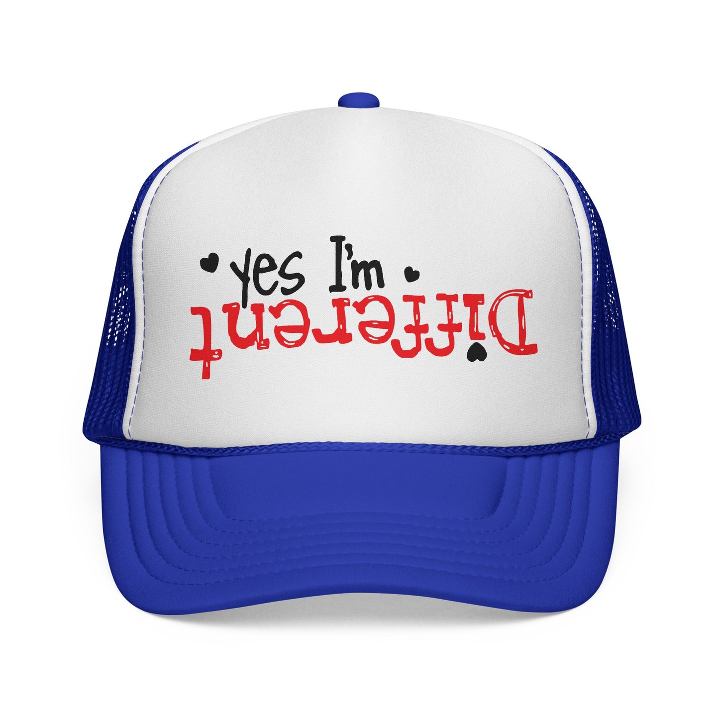 Trucker Hat — “Yes I’m Different” Upturned Text Mesh Cap