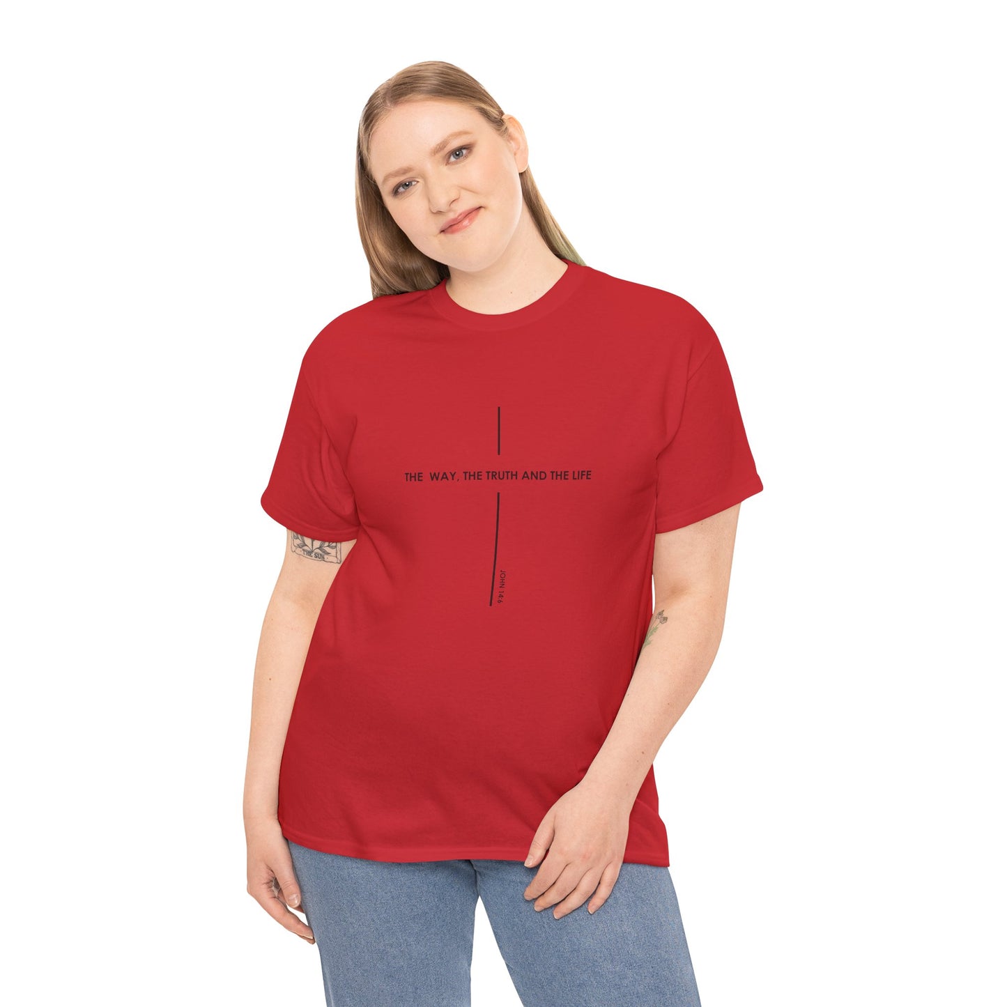 T‑Shirt — Minimal Cross Line Tee with 'The Way The Truth And The Life' Text