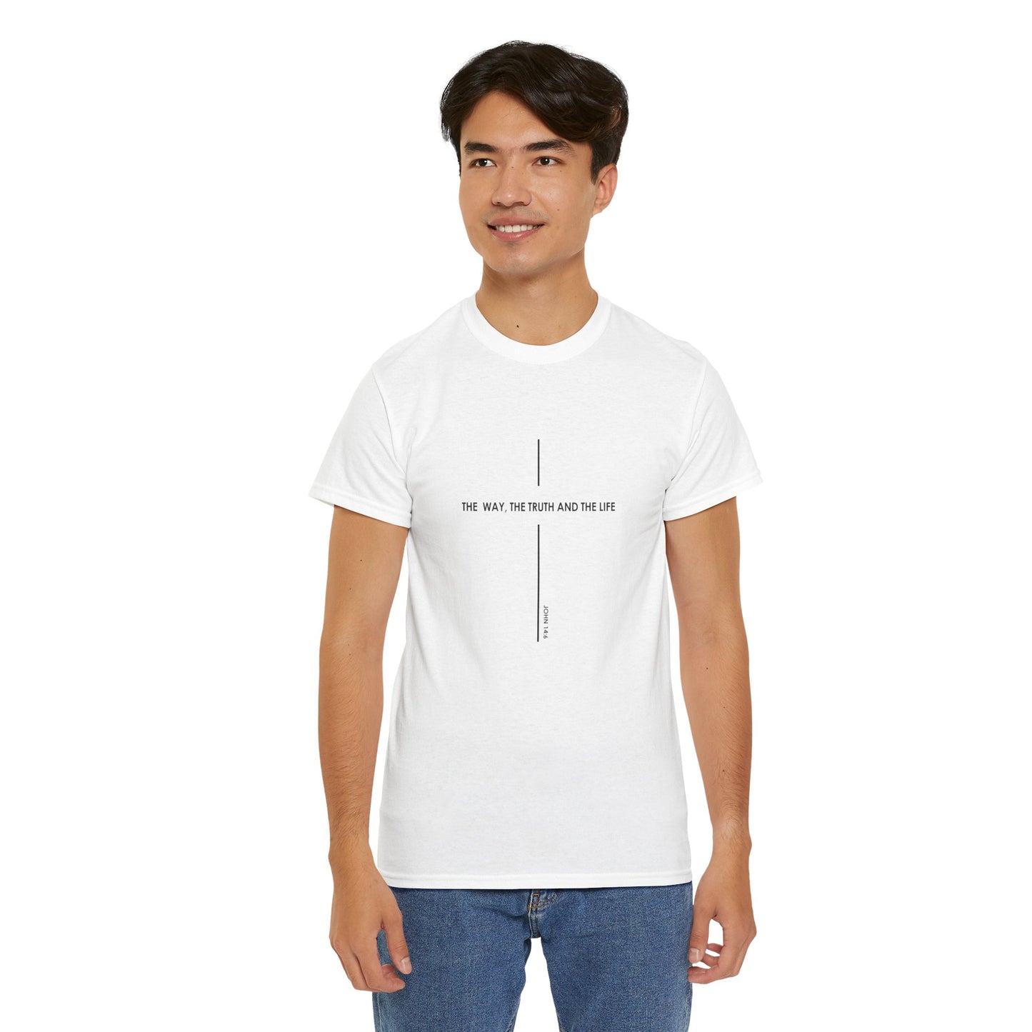 T‑Shirt — Minimal Cross Line Tee with 'The Way The Truth And The Life' Text