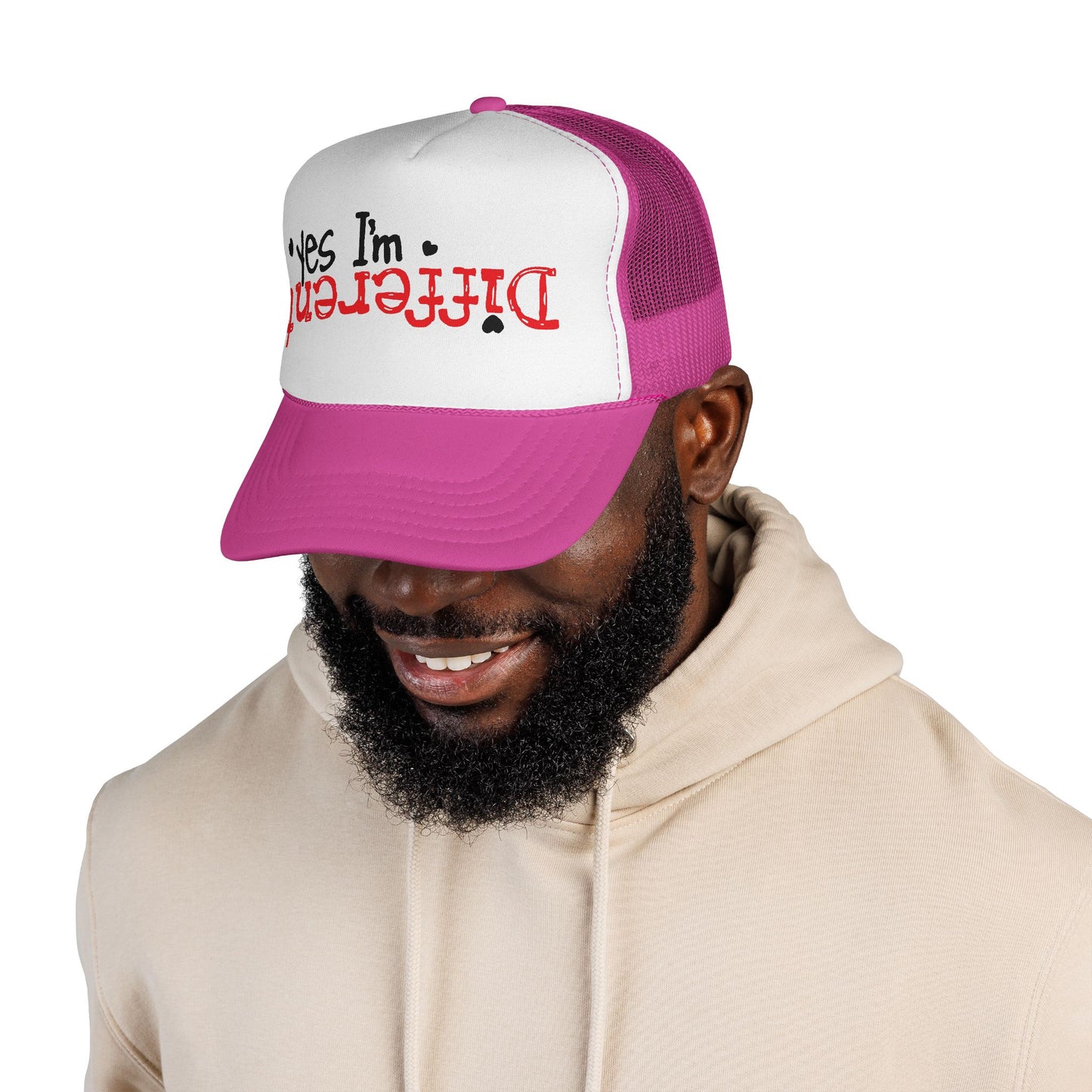 Trucker Hat — “Yes I’m Different” Upturned Text Mesh Cap