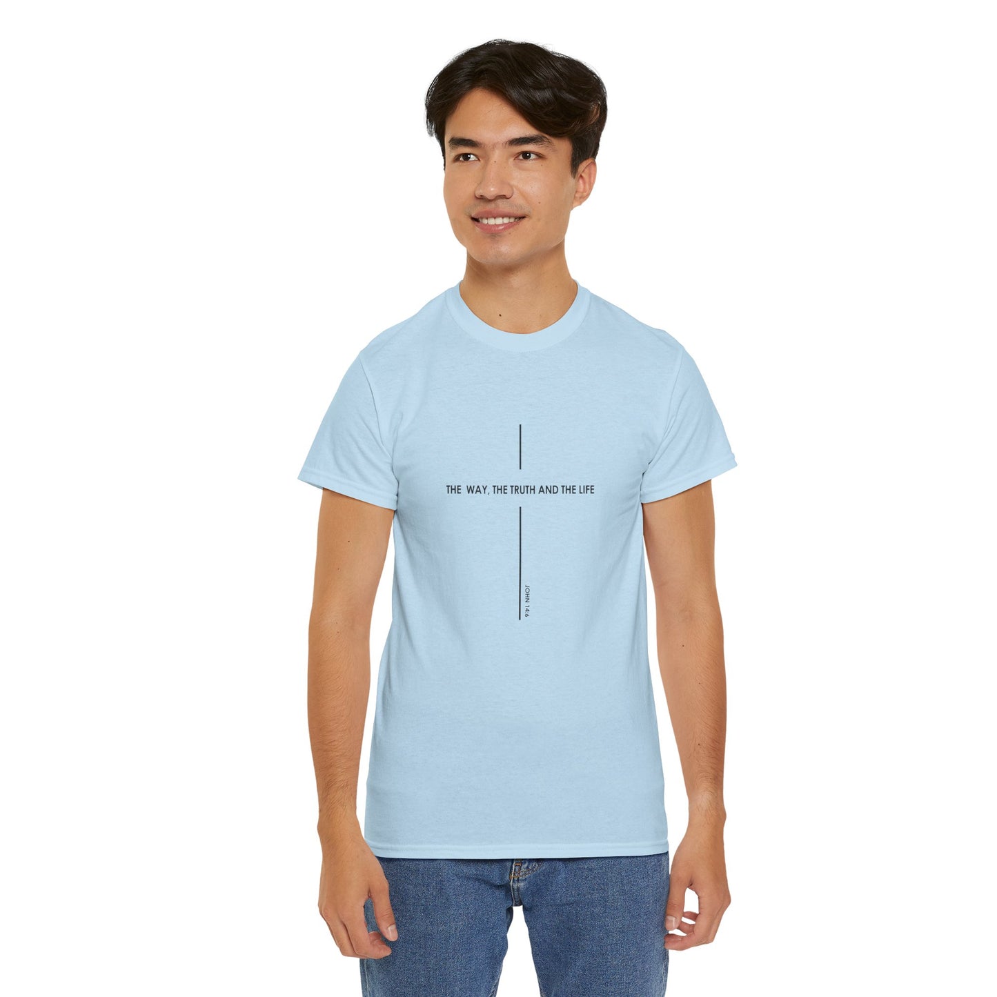 T‑Shirt — Minimal Cross Line Tee with 'The Way The Truth And The Life' Text