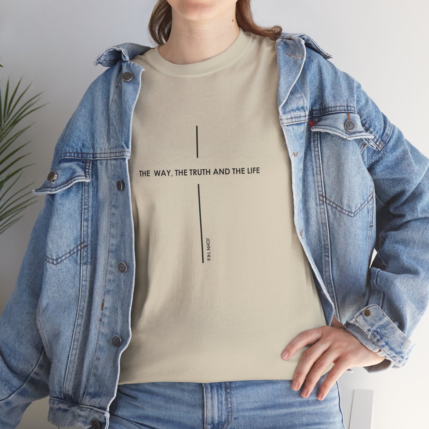T‑Shirt — Minimal Cross Line Tee with 'The Way The Truth And The Life' Text