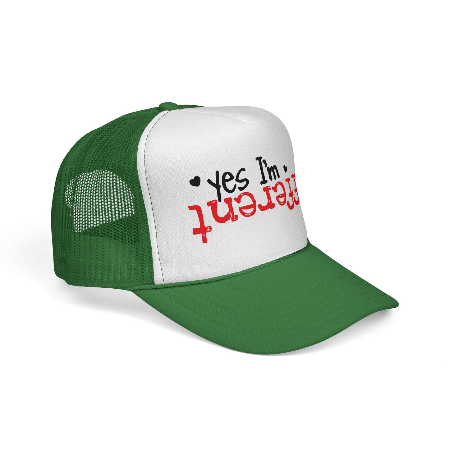 Trucker Hat — “Yes I’m Different” Upturned Text Mesh Cap