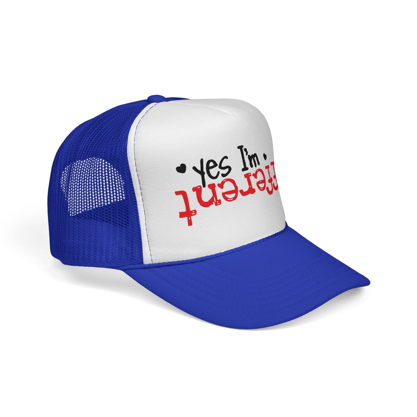Trucker Hat — “Yes I’m Different” Upturned Text Mesh Cap