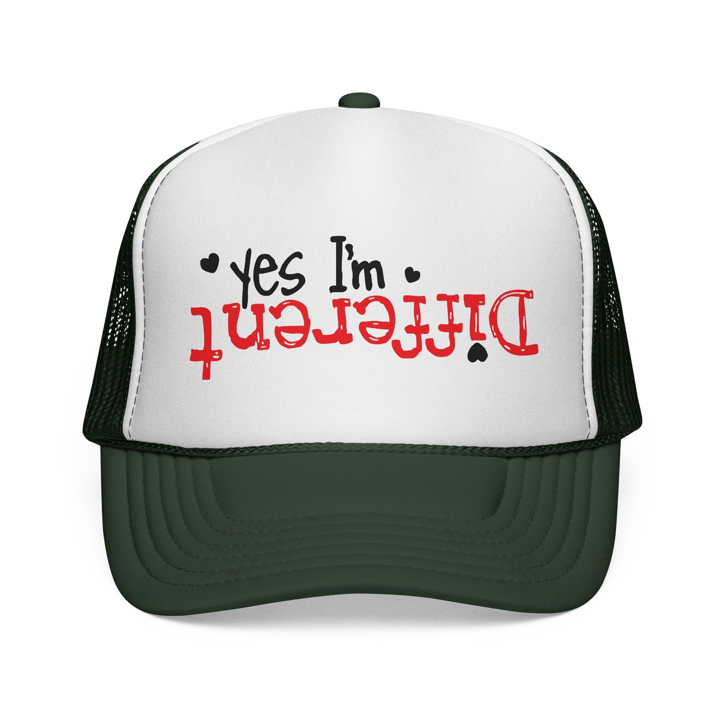 Trucker Hat — “Yes I’m Different” Upturned Text Mesh Cap