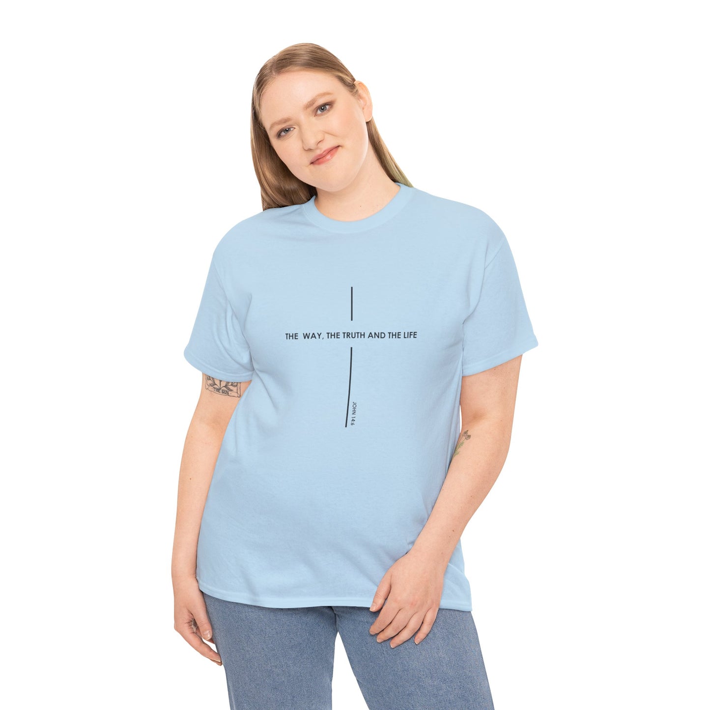 T‑Shirt — Minimal Cross Line Tee with 'The Way The Truth And The Life' Text