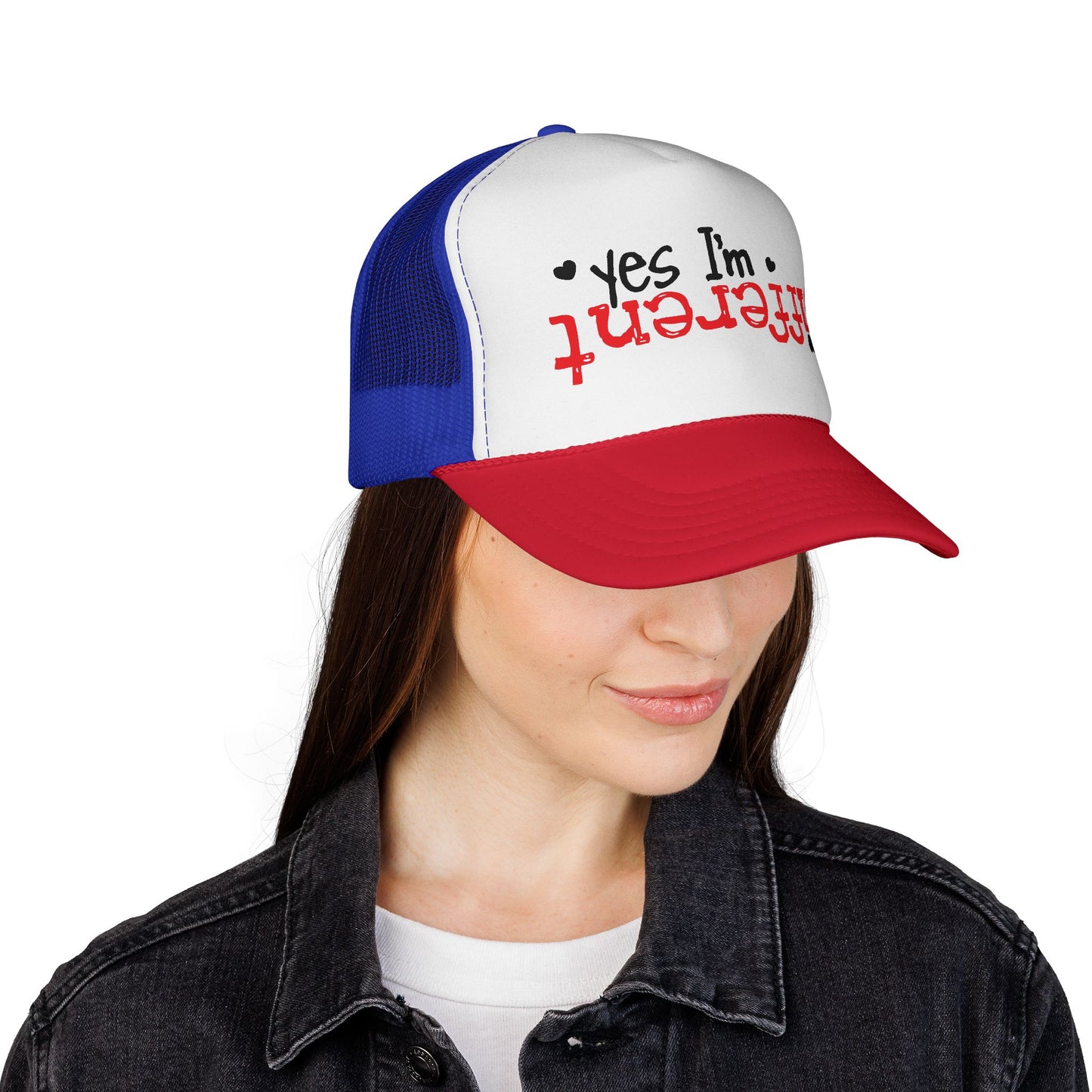 Trucker Hat — “Yes I’m Different” Upturned Text Mesh Cap