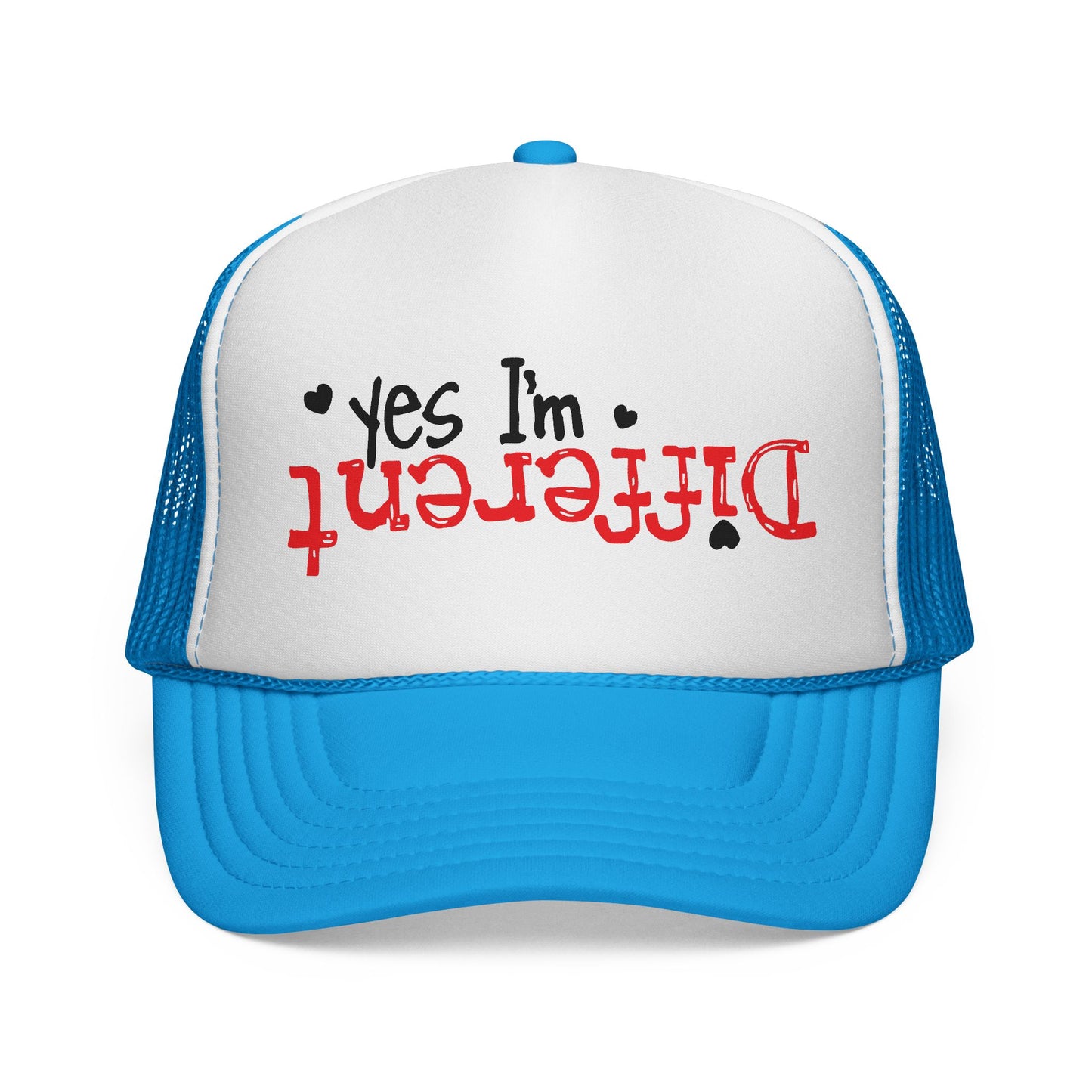 Trucker Hat — “Yes I’m Different” Upturned Text Mesh Cap