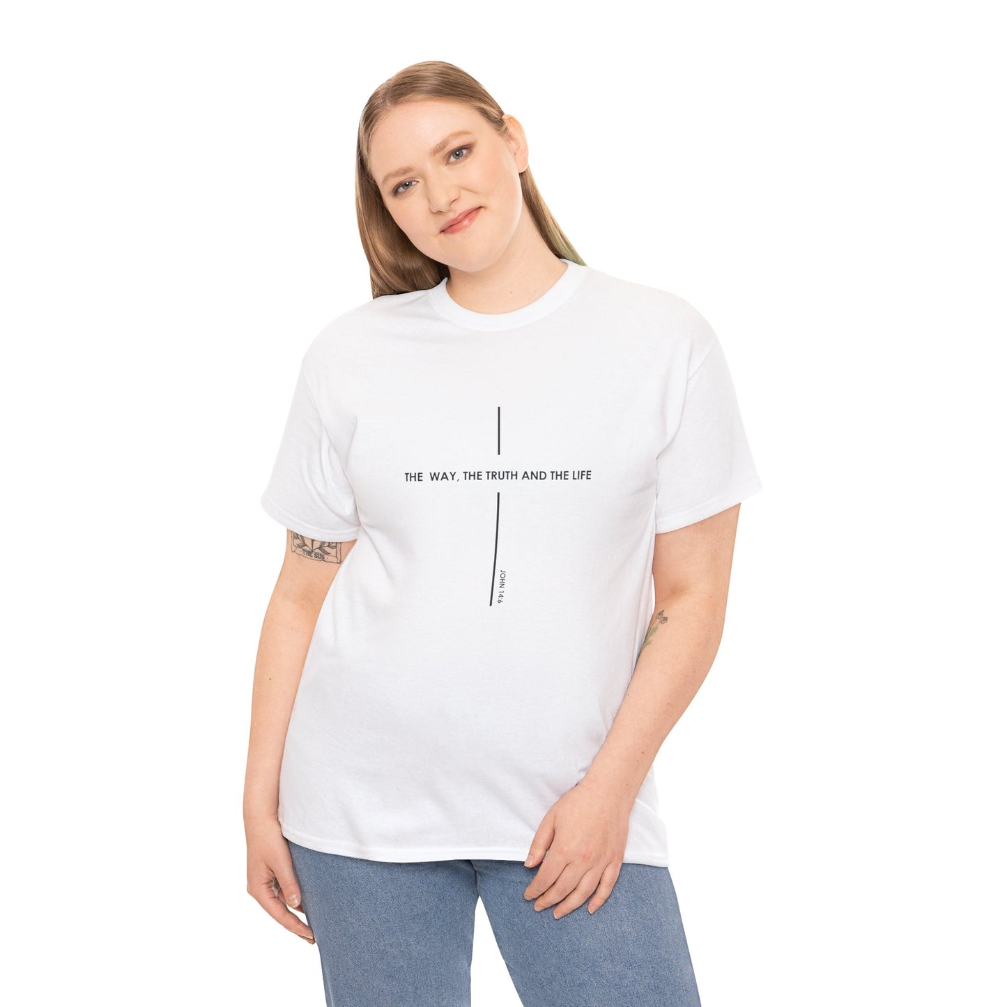 T‑Shirt — Minimal Cross Line Tee with 'The Way The Truth And The Life' Text
