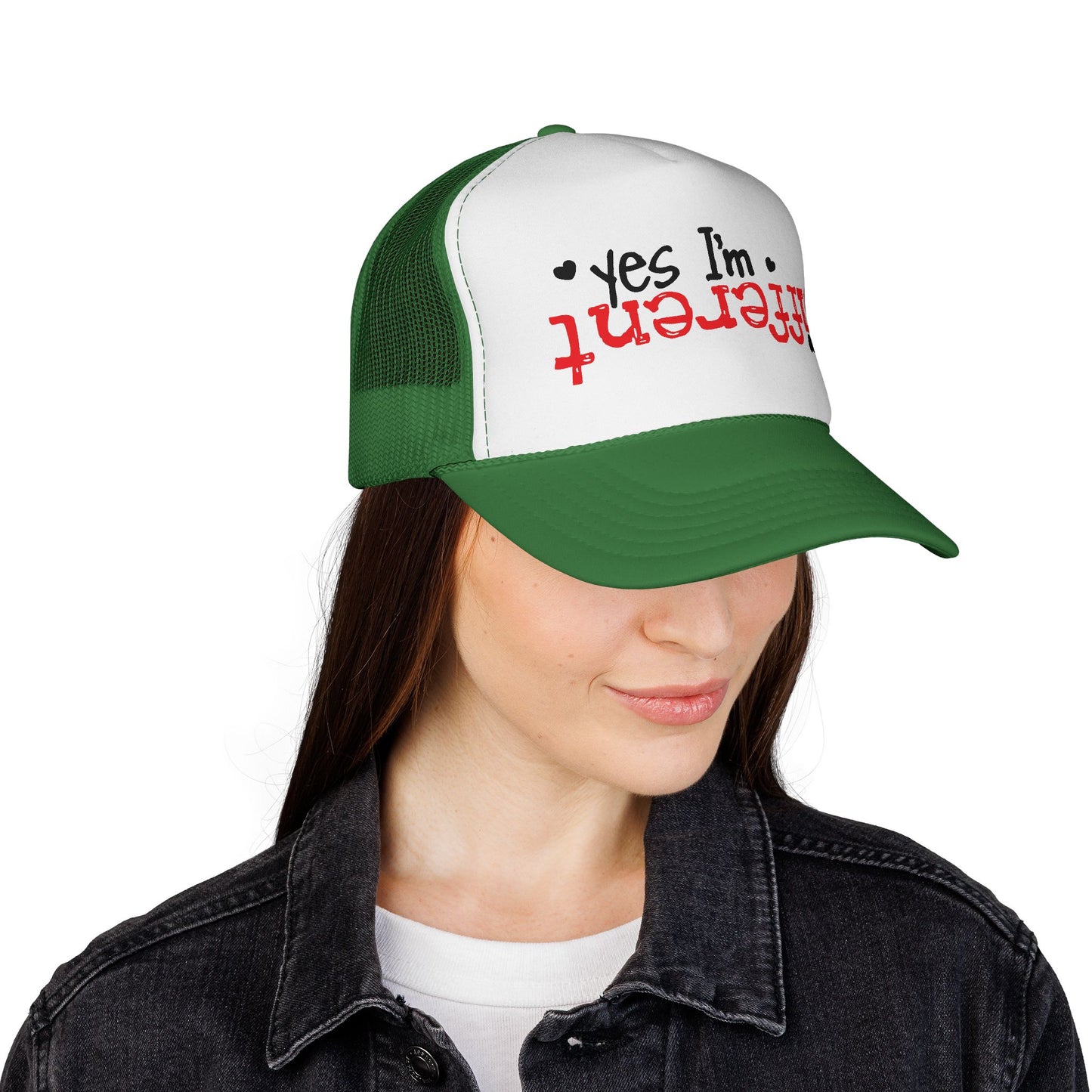 Trucker Hat — “Yes I’m Different” Upturned Text Mesh Cap