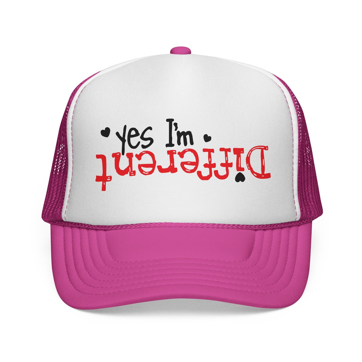 Trucker Hat — “Yes I’m Different” Upturned Text Mesh Cap