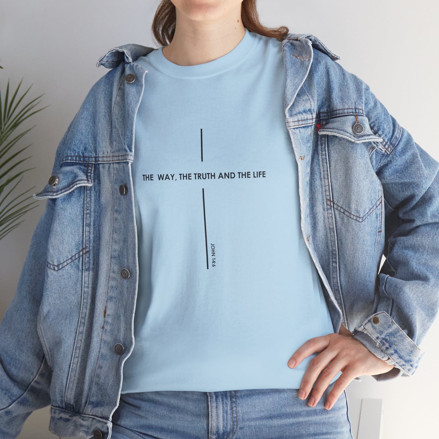 T‑Shirt — Minimal Cross Line Tee with 'The Way The Truth And The Life' Text