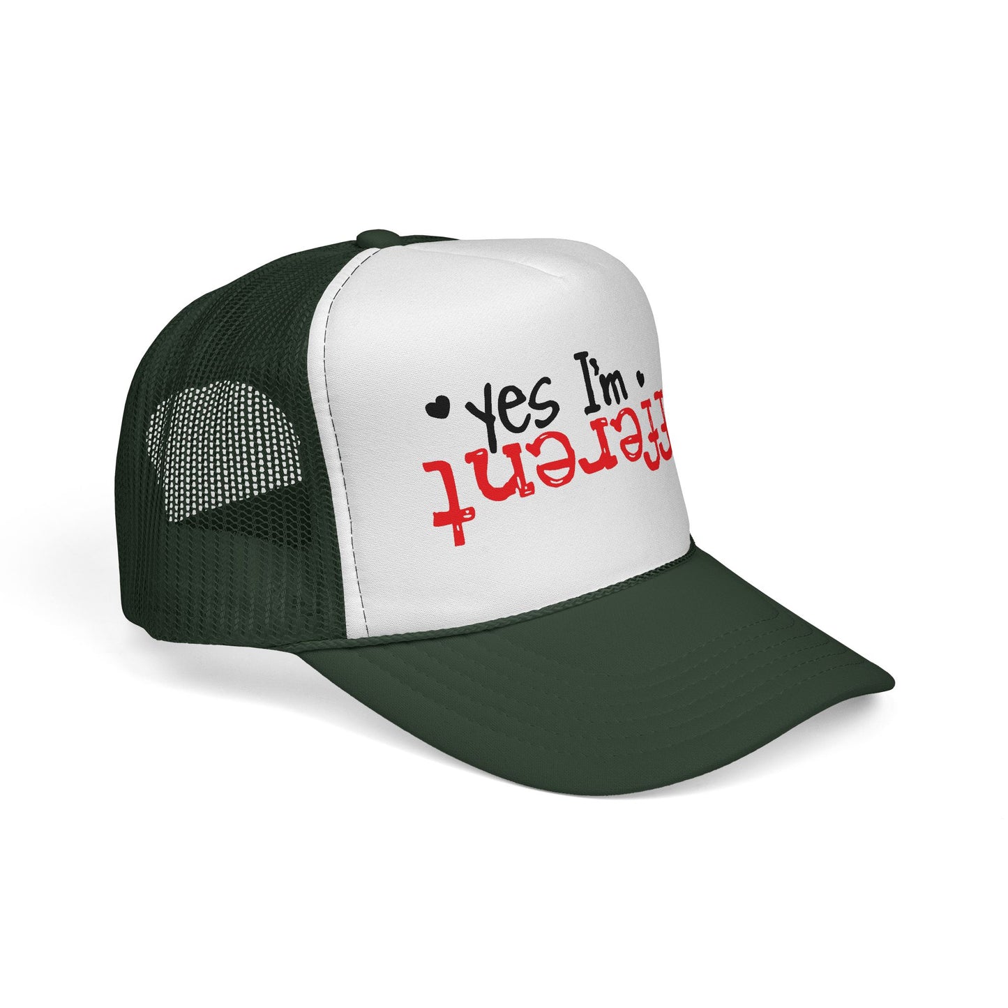 Trucker Hat — “Yes I’m Different” Upturned Text Mesh Cap