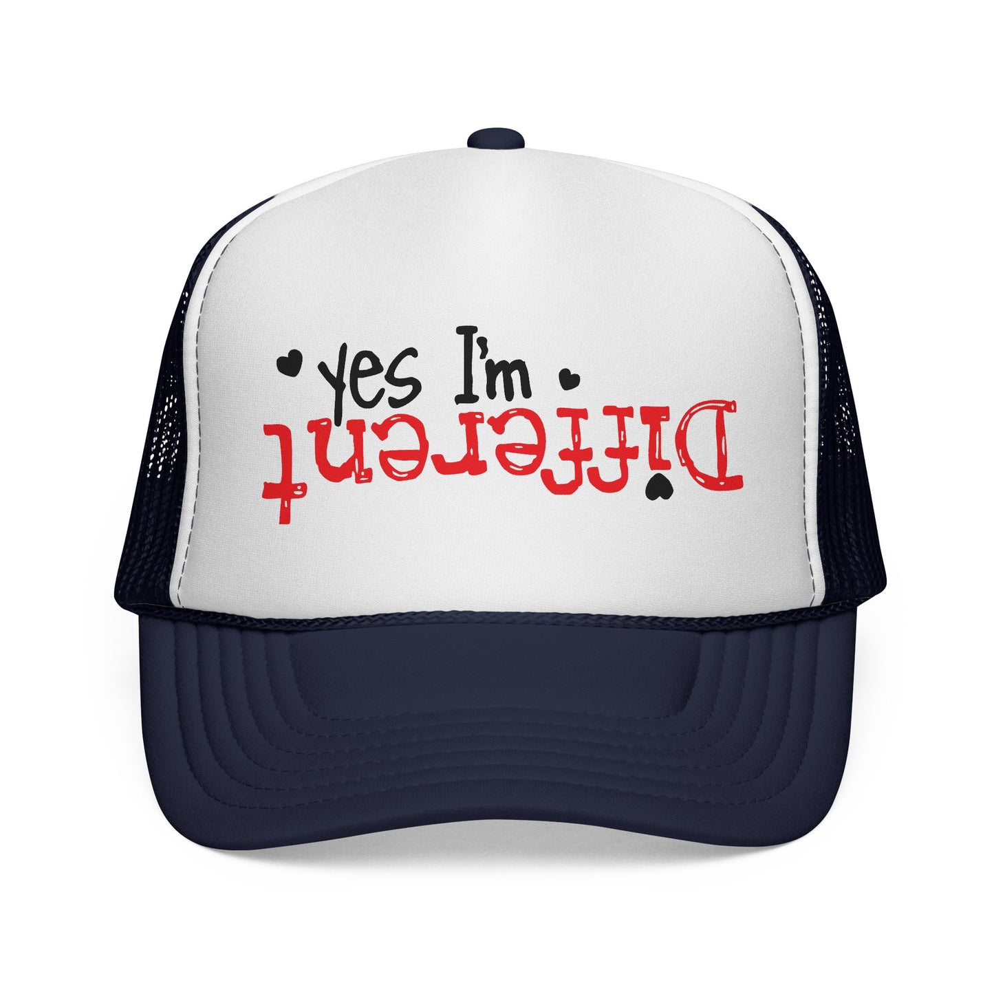 Trucker Hat — “Yes I’m Different” Upturned Text Mesh Cap