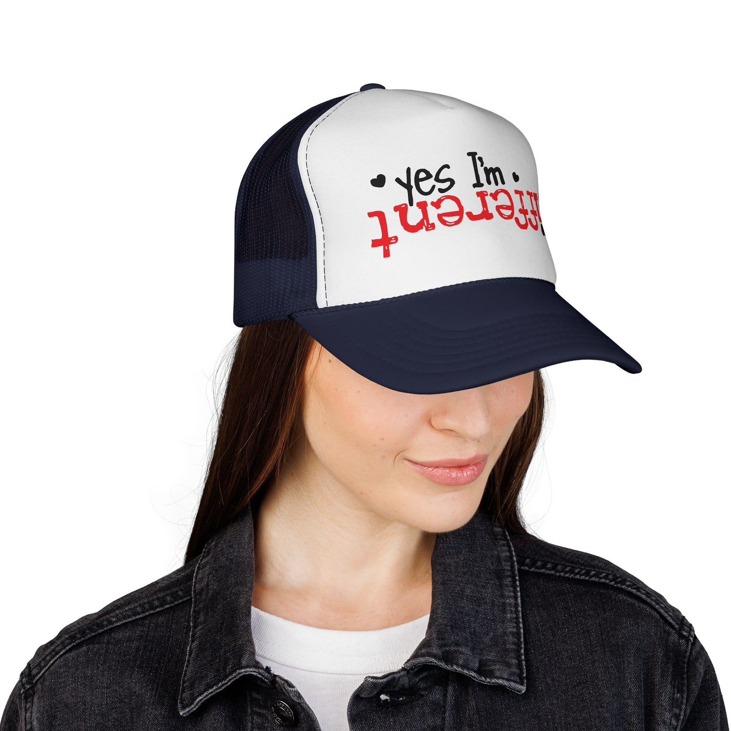 Trucker Hat — “Yes I’m Different” Upturned Text Mesh Cap