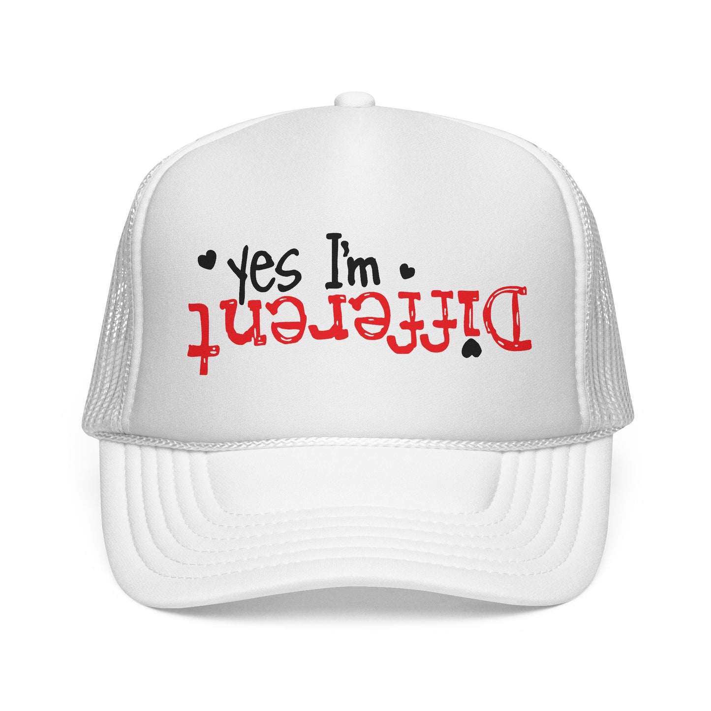 Trucker Hat — “Yes I’m Different” Upturned Text Mesh Cap