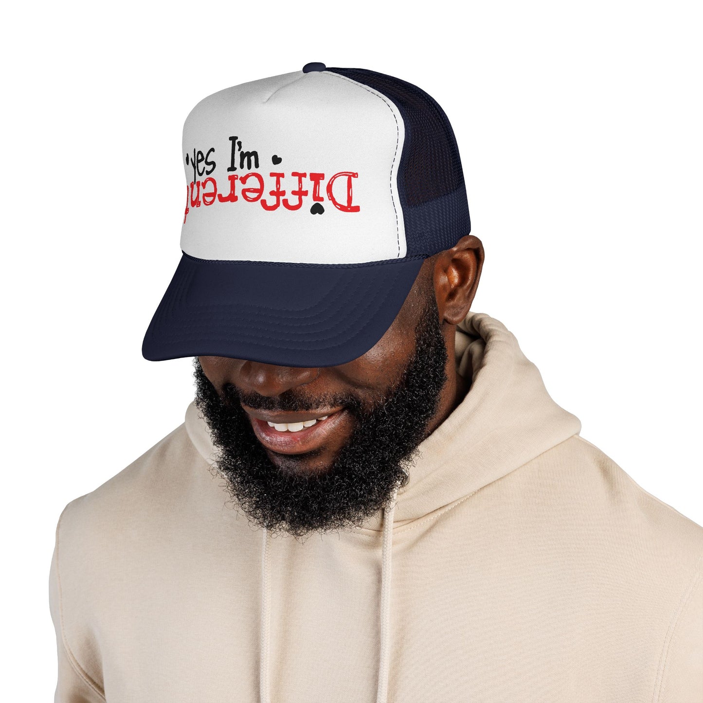 Trucker Hat — “Yes I’m Different” Upturned Text Mesh Cap