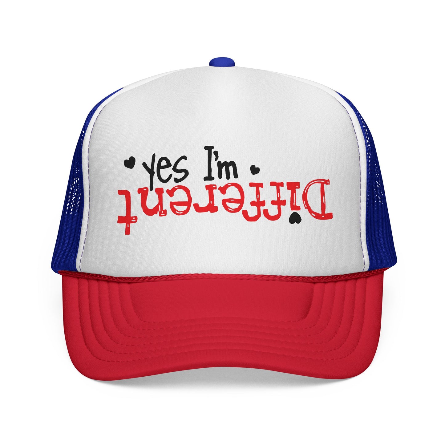 Trucker Hat — “Yes I’m Different” Upturned Text Mesh Cap
