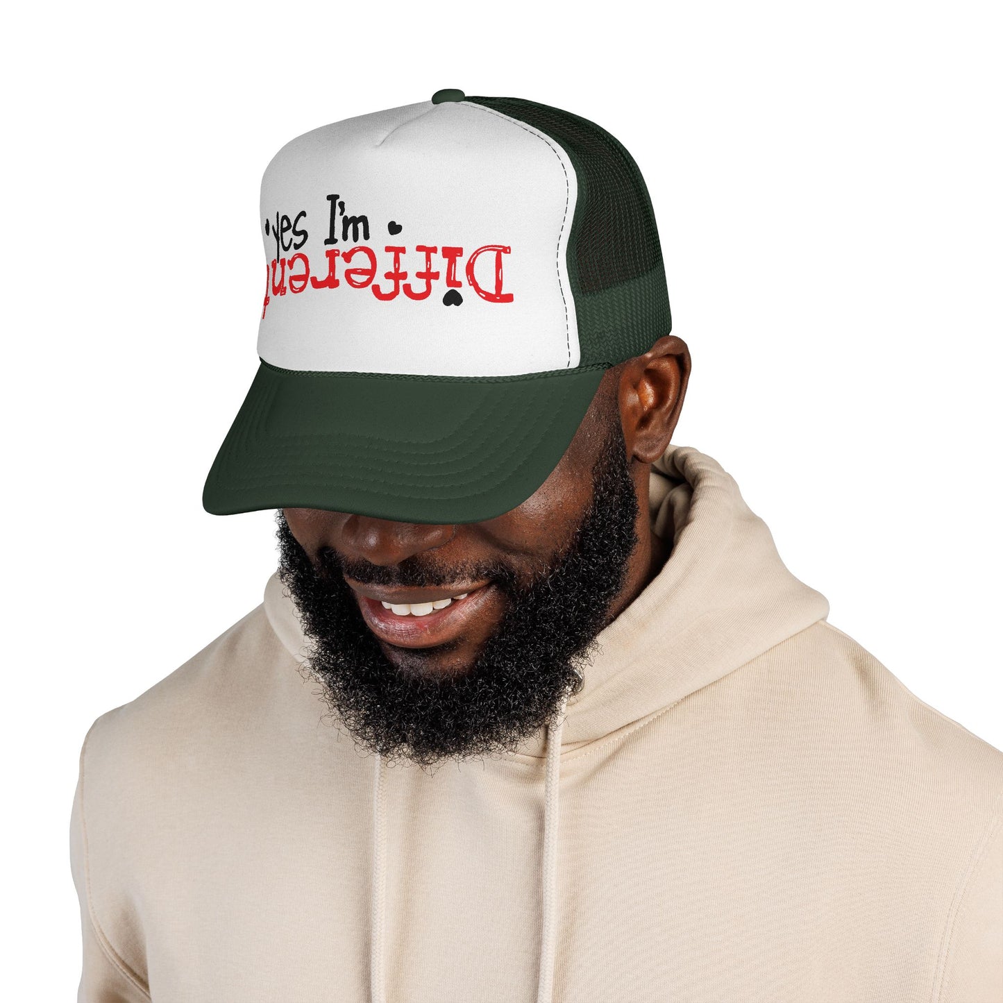 Trucker Hat — “Yes I’m Different” Upturned Text Mesh Cap