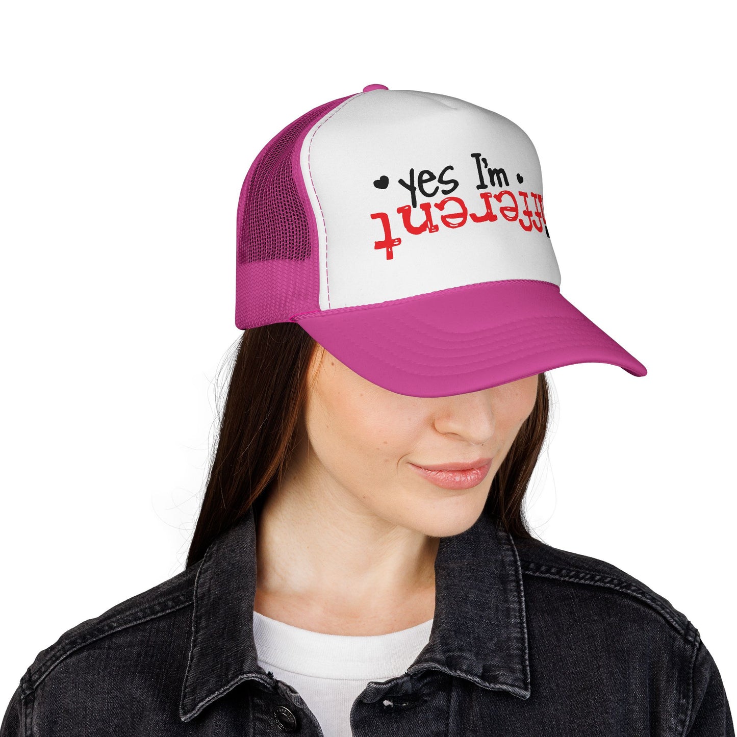 Trucker Hat — “Yes I’m Different” Upturned Text Mesh Cap