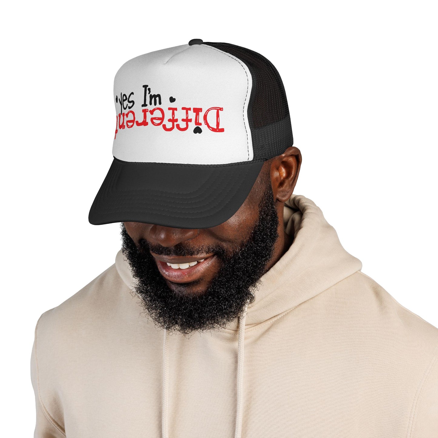 Trucker Hat — “Yes I’m Different” Upturned Text Mesh Cap