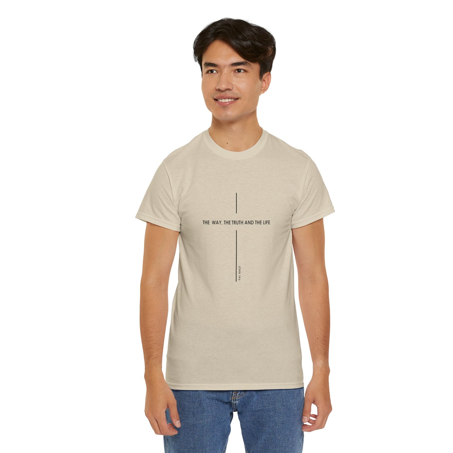 T‑Shirt — Minimal Cross Line Tee with 'The Way The Truth And The Life' Text