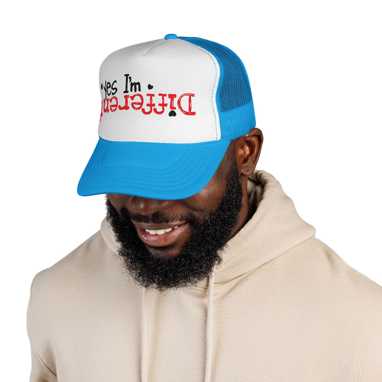 Trucker Hat — “Yes I’m Different” Upturned Text Mesh Cap