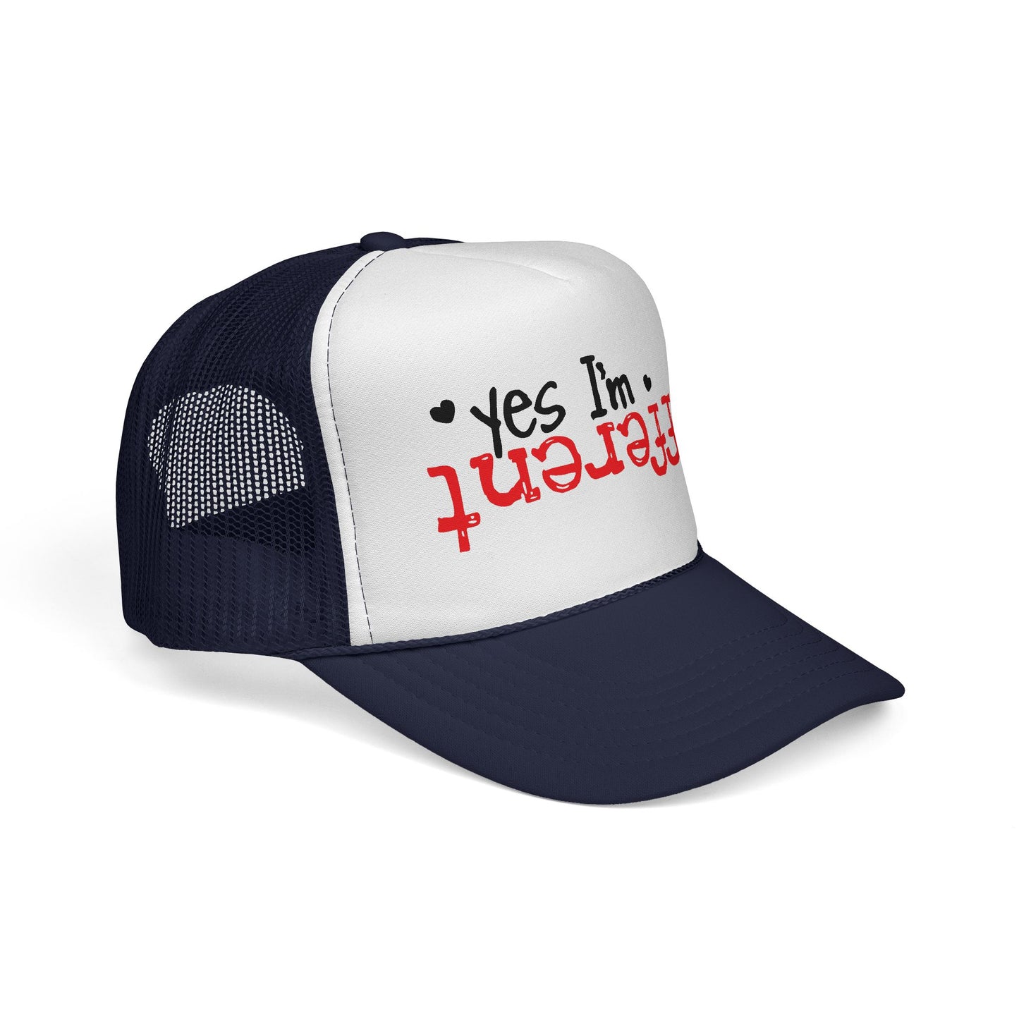 Trucker Hat — “Yes I’m Different” Upturned Text Mesh Cap