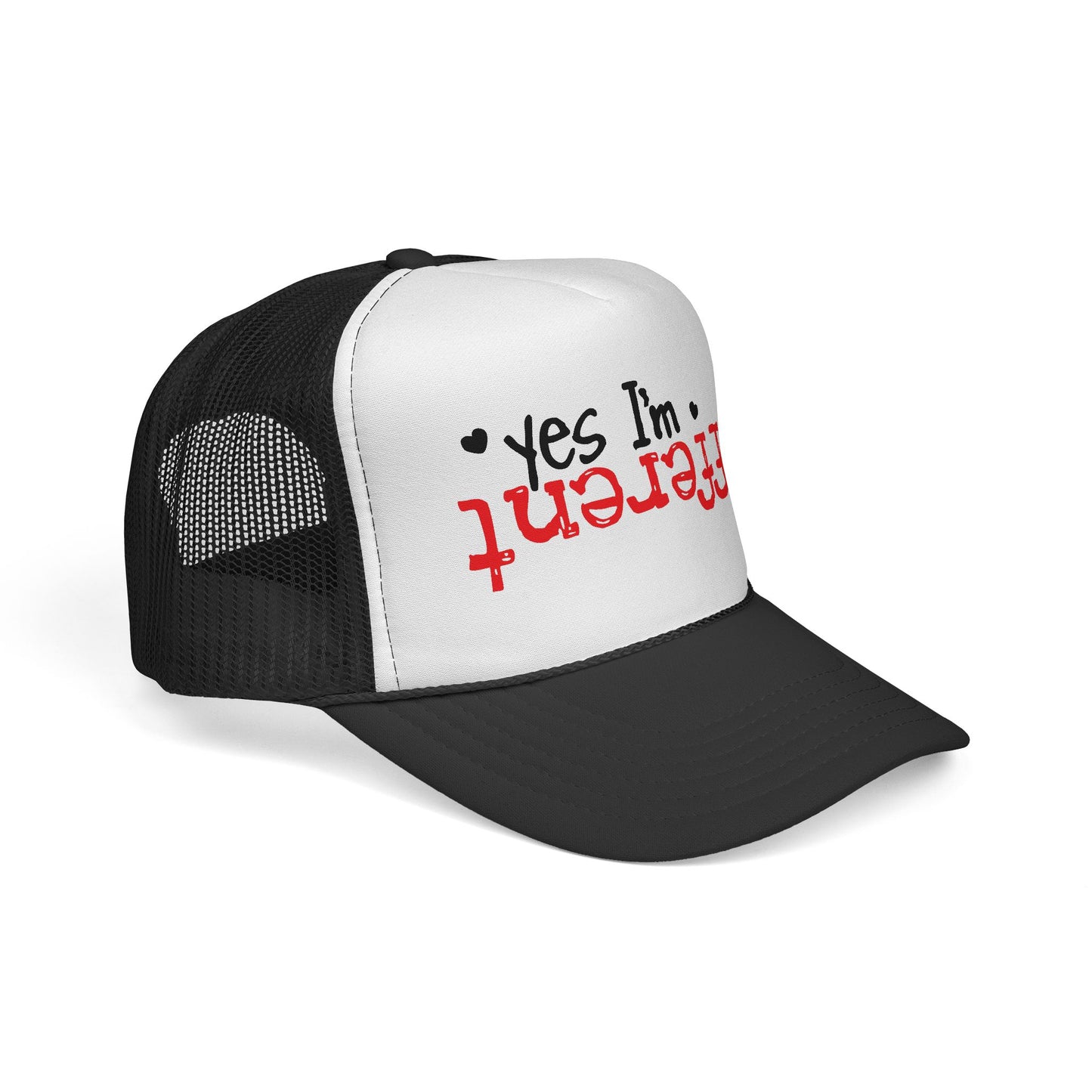 Trucker Hat — “Yes I’m Different” Upturned Text Mesh Cap