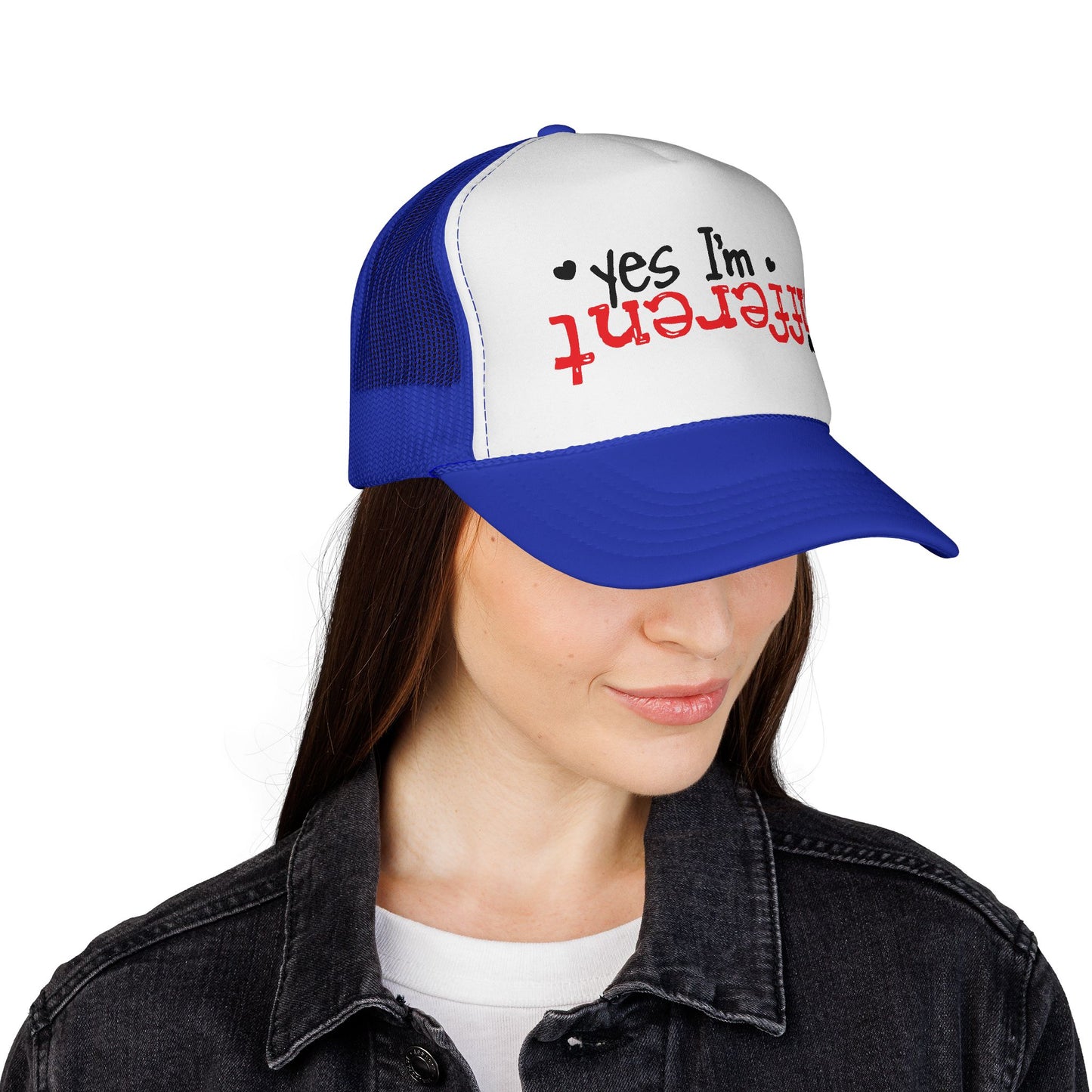Trucker Hat — “Yes I’m Different” Upturned Text Mesh Cap