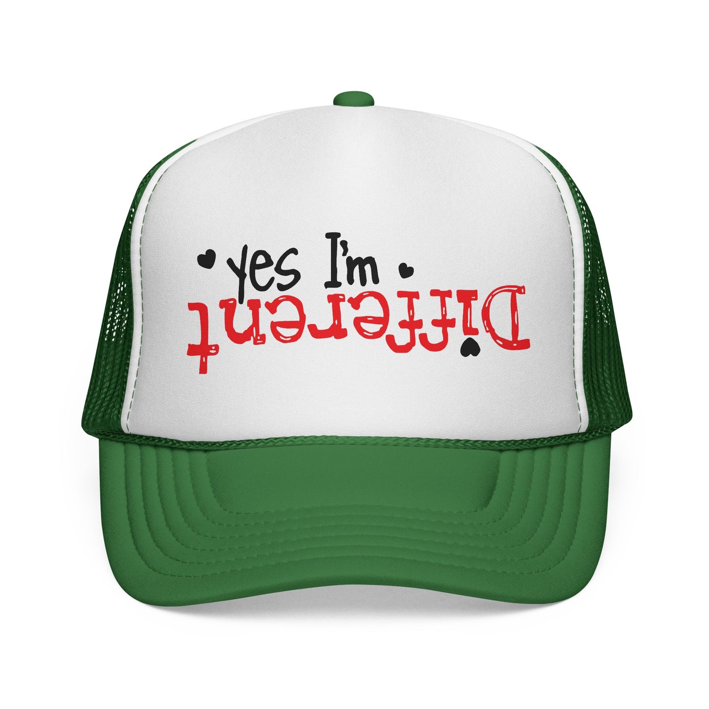 Trucker Hat — “Yes I’m Different” Upturned Text Mesh Cap