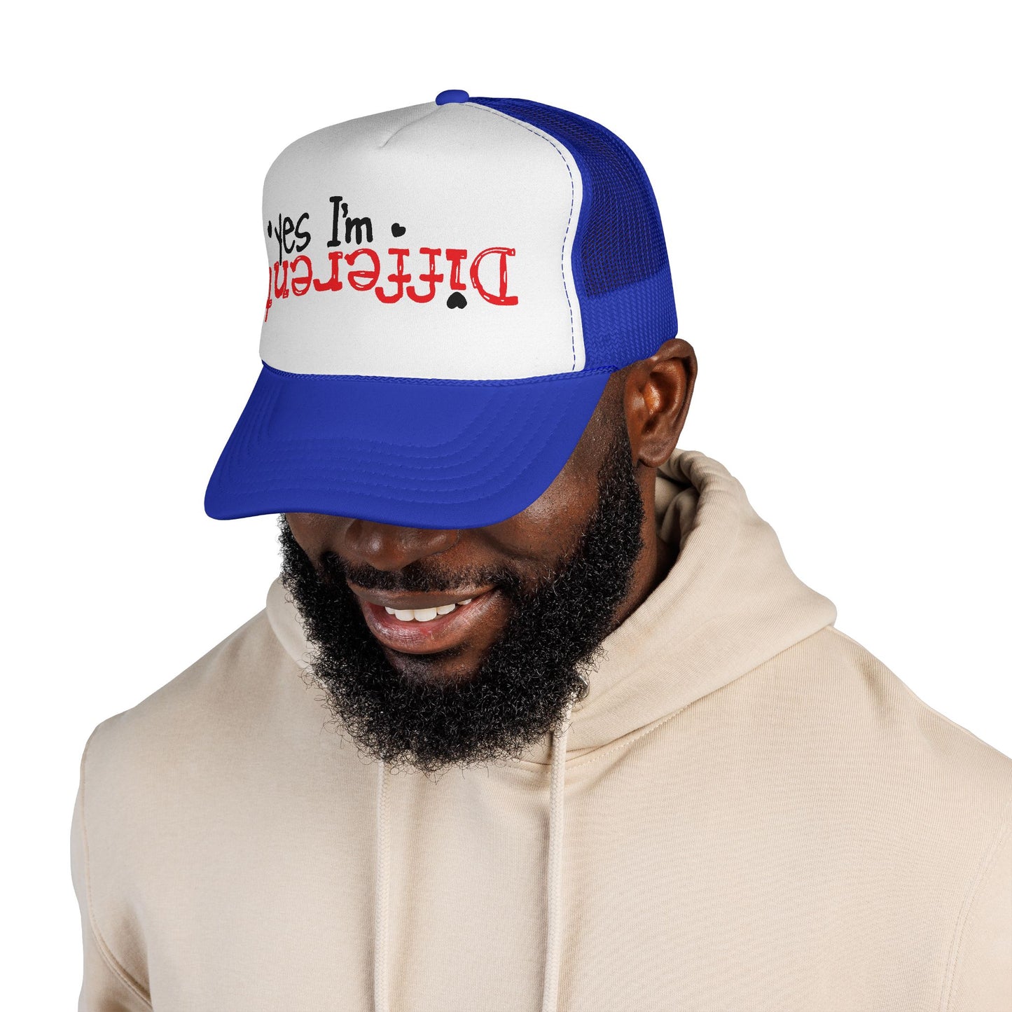 Trucker Hat — “Yes I’m Different” Upturned Text Mesh Cap