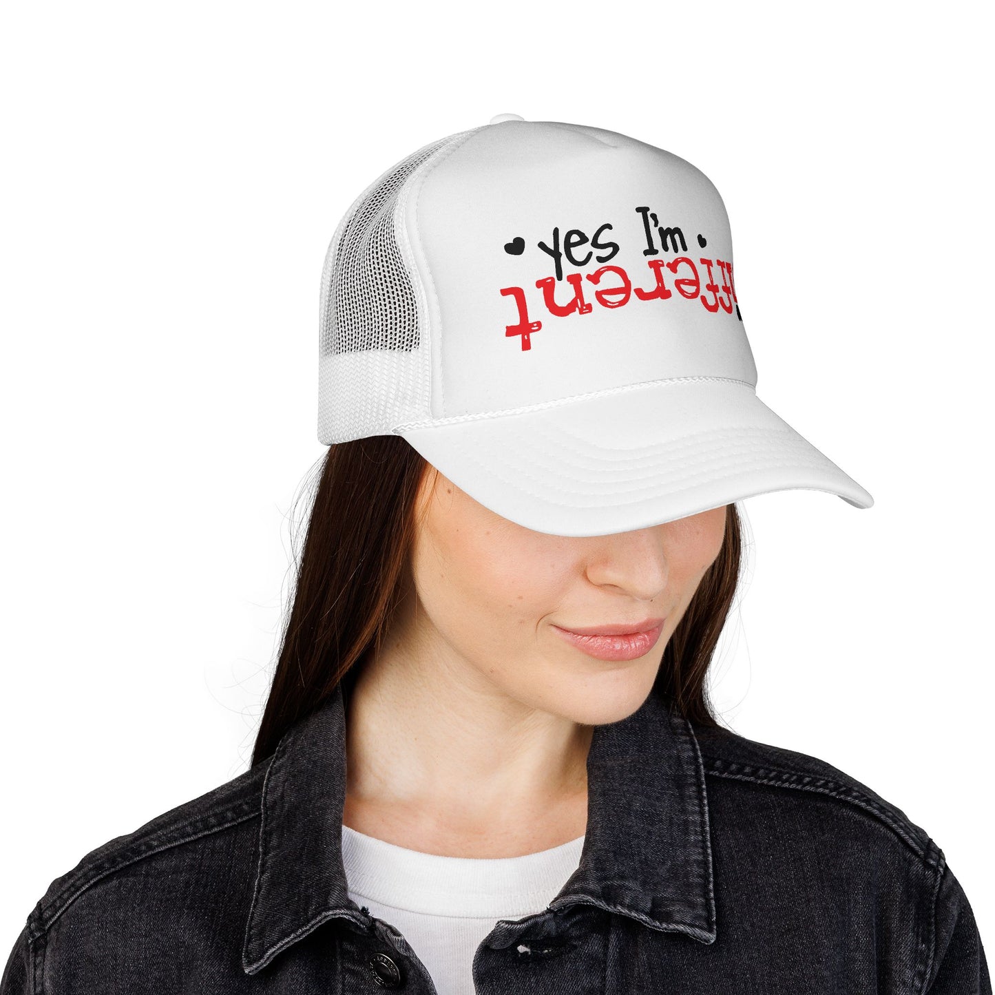 Trucker Hat — “Yes I’m Different” Upturned Text Mesh Cap