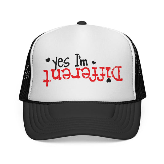 Trucker Hat — “Yes I’m Different” Upturned Text Mesh Cap