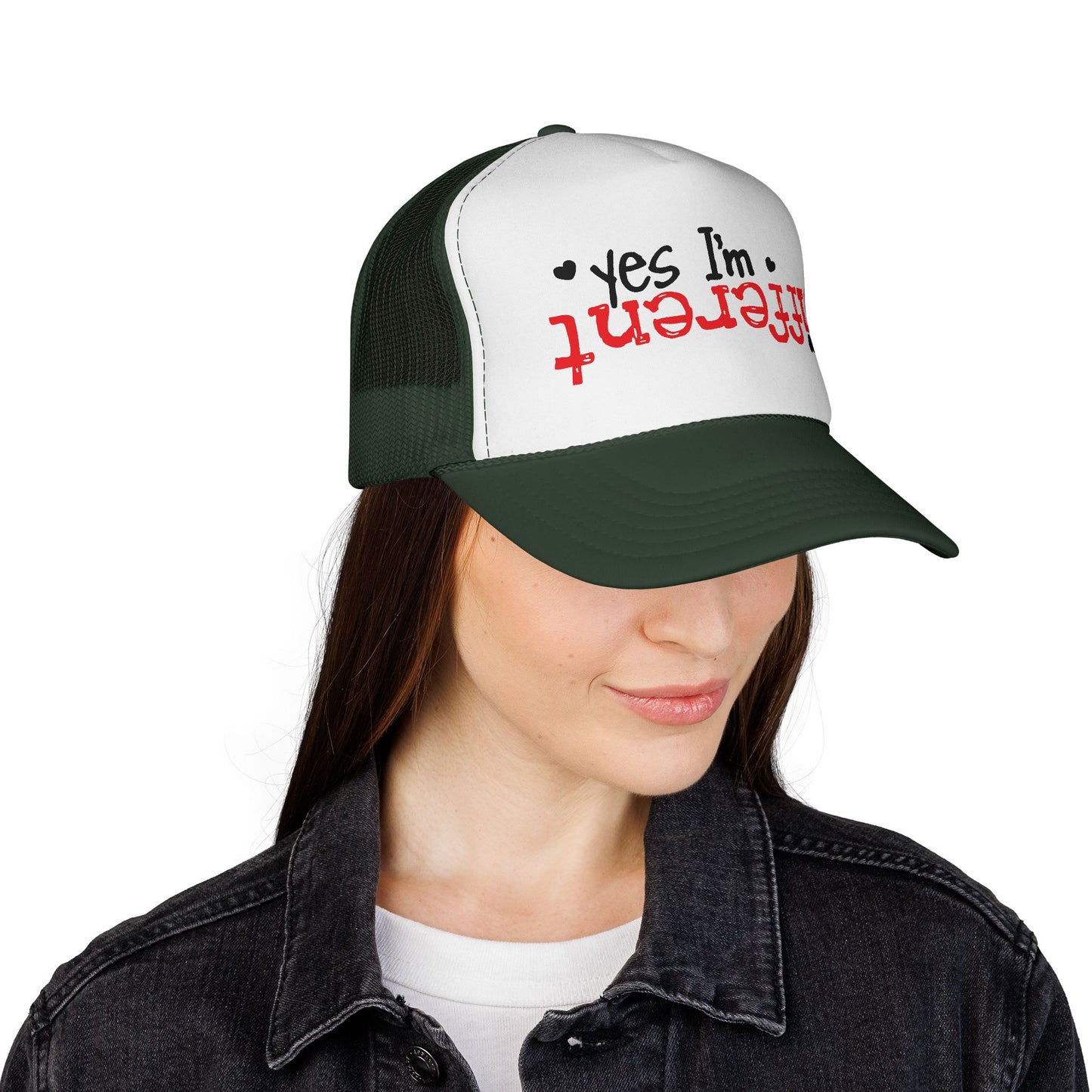 Trucker Hat — “Yes I’m Different” Upturned Text Mesh Cap