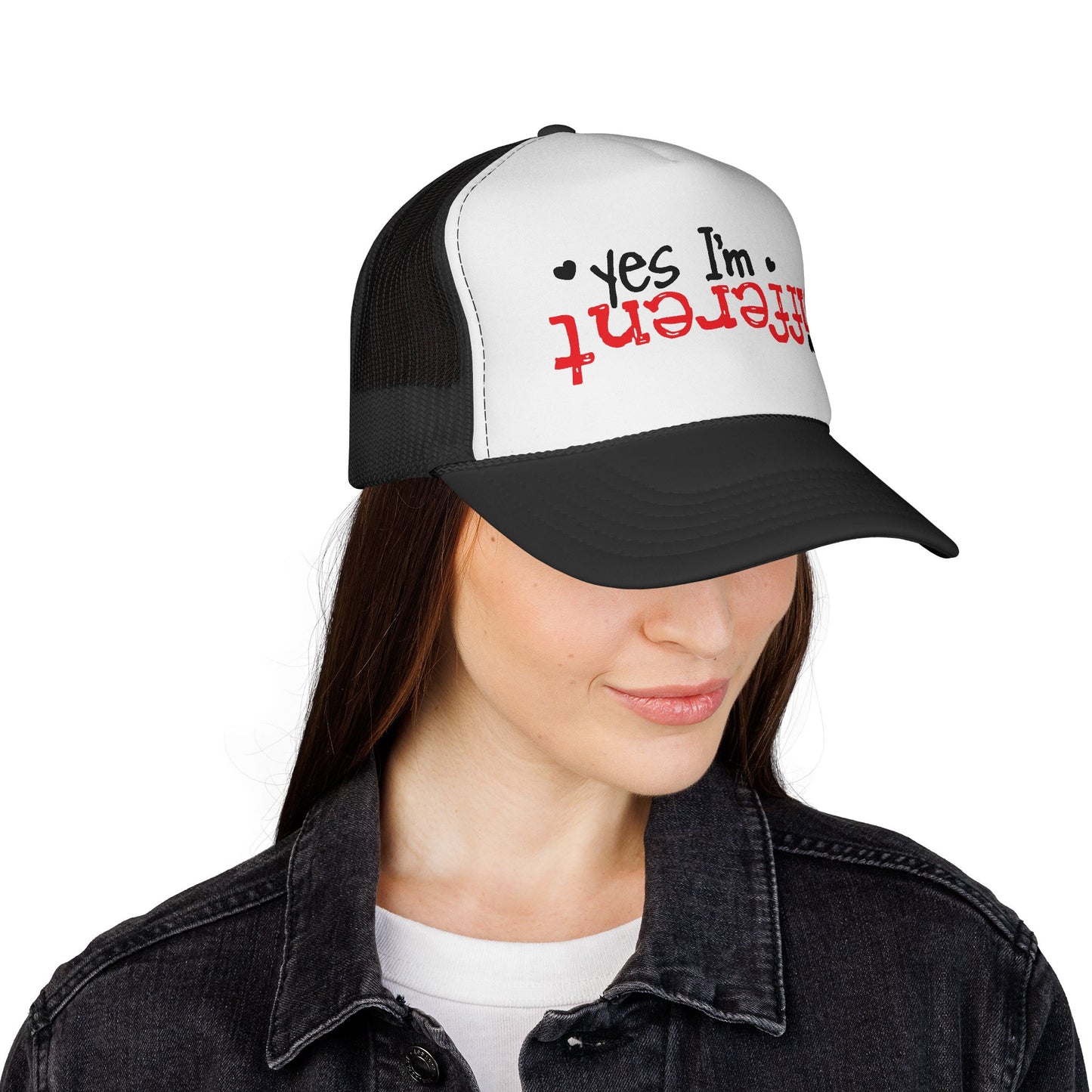 Trucker Hat — “Yes I’m Different” Upturned Text Mesh Cap
